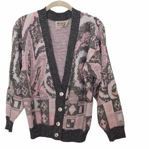 Mackinaw Woolens woven gray pink white v neck cardigan sweater